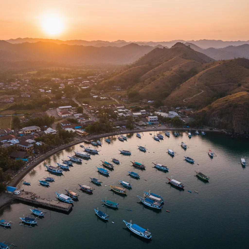 AI-generated illustrative artwork: aerial view of a harbour town at sunset with wooden boats moored along the bay — a composite illustration, not a photograph of a named location