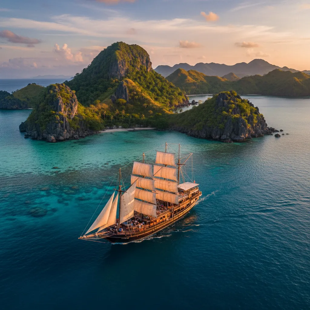 AI-generated illustrative artwork: a phinisi under full sail passing green limestone islands — a composite illustration, not a photograph of a named location