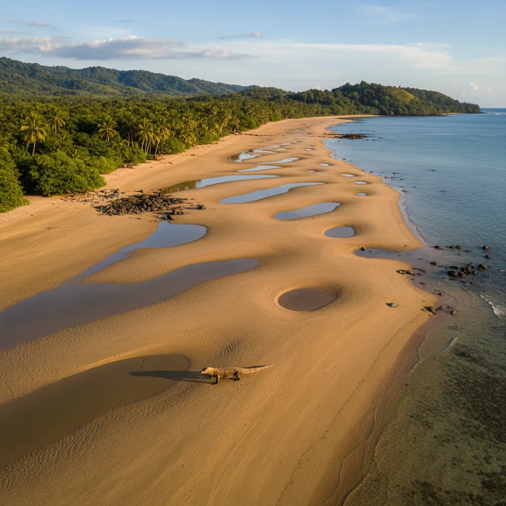 AI-generated illustrative artwork: aerial view of a long sandy beach with tidal pools beside palm forest — a composite illustration, not a photograph of a named location
