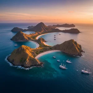 AI-generated illustrative artwork: aerial view of curving island bays at sunset with phinisi boats at anchor — a composite illustration, not a photograph of a named location