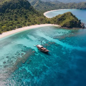 AI-generated illustrative artwork: aerial view of a turquoise reef bay with a single phinisi at anchor — a composite illustration, not a photograph of a named location