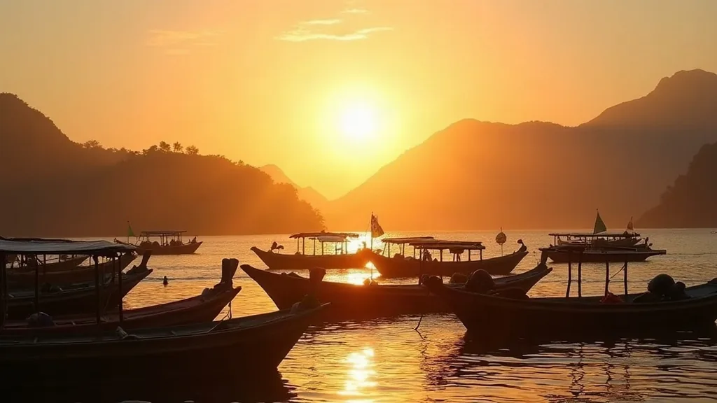 AI-generated illustrative artwork of a harbour at sunrise — a composite scene, not a photograph of Labuan Bajo