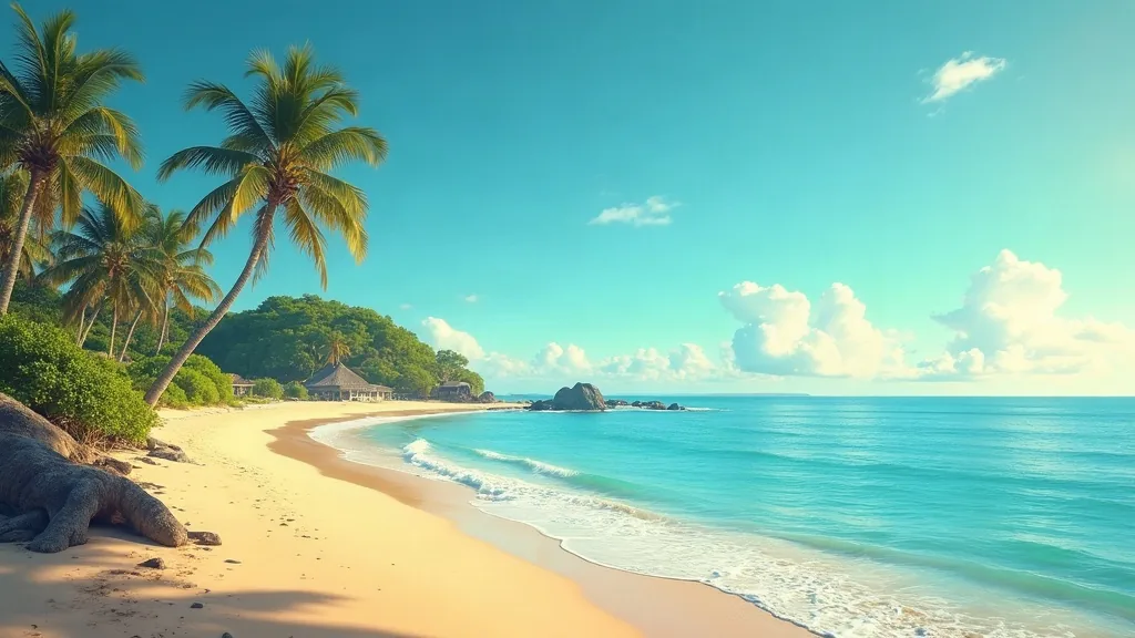 AI-generated illustration: a bright dry-season day on a palm-backed beach with calm turquoise water, a monitor lizard resting on the sand at the left — a composite image, not a photograph of a named beach