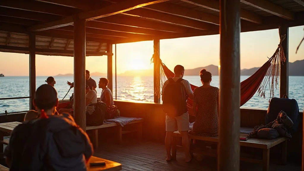 AI-generated illustrative artwork: budget shared boat trip — a composite illustration, not a photograph of a named location