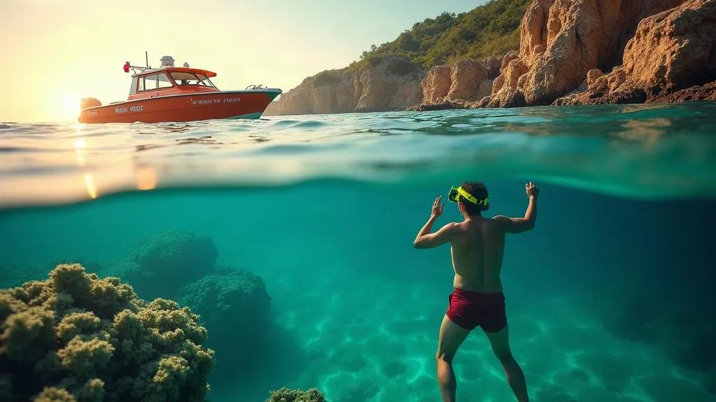 AI-generated illustration: a split-level view — below the waterline a snorkeller in dark red swim shorts and a yellow-green mask, seen from behind and fully submerged with both arms raised above a sandy seabed; above the waterline an orange and white boat, a rocky headland and a low sun — a composite image, not a record of a specific conservation project