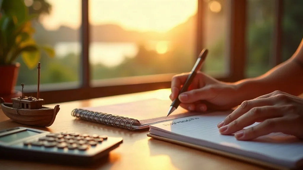 AI-generated illustrative artwork: liveaboard cost planning — a composite illustration, not a photograph of a named location