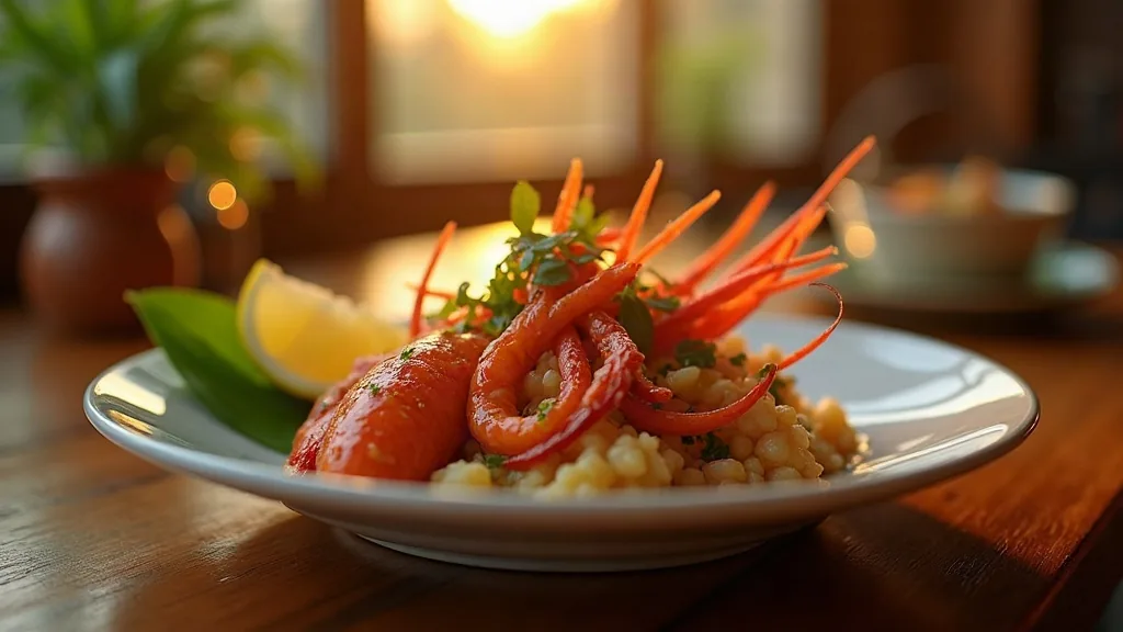 AI-generated illustrative artwork: local seafood cuisine — a composite illustration, not a photograph of a named location