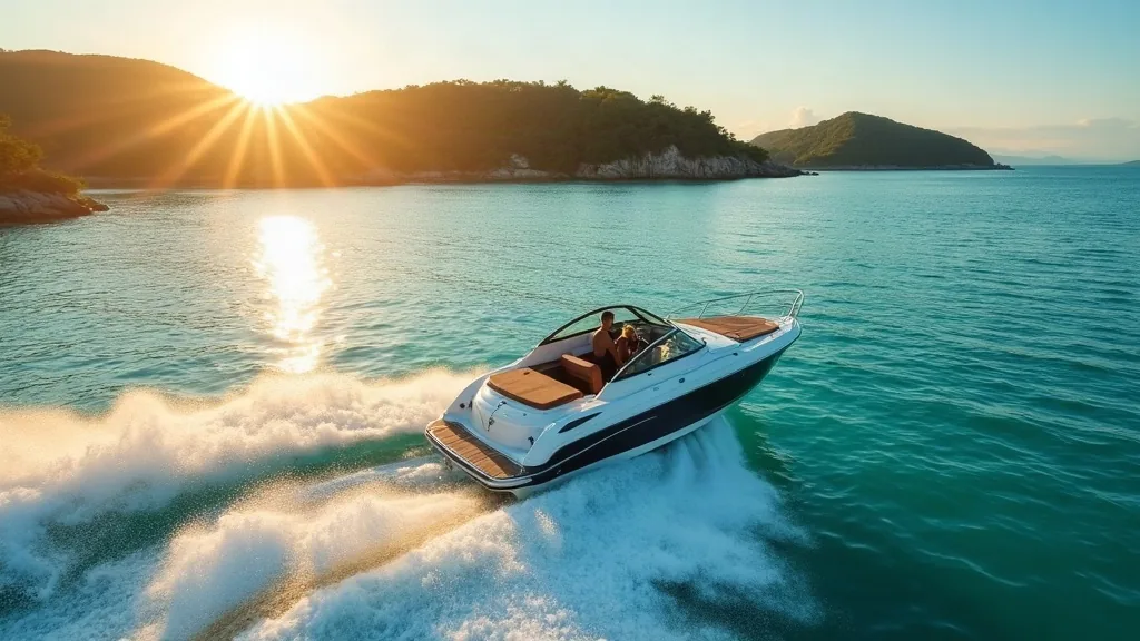 AI-generated illustrative artwork: speedboat day-trip — a composite illustration, not a photograph of a named location