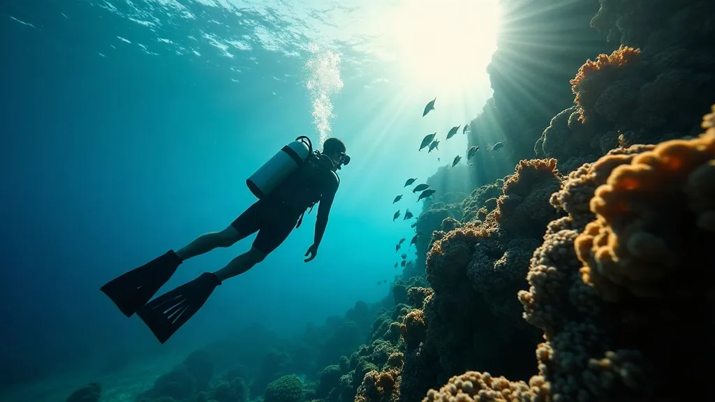 AI-generated illustrative artwork: komodo diving reef descent — a composite illustration, not a photograph of a named location
