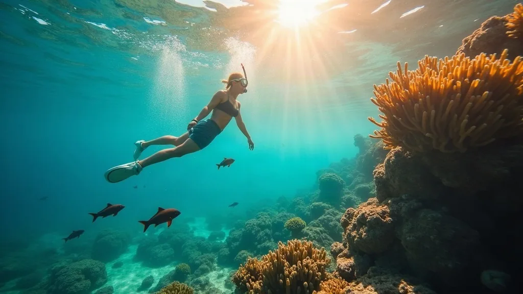 AI-generated illustration: a snorkeller above a shallow coral garden with reef fish — a composite underwater scene, not a photograph of a named dive site