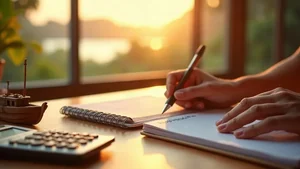 AI-generated illustration: a trip-planning desk with a spiral notebook, a pen, a calculator and a small wooden boat model beside a window at sunset — a composite image, not a photograph of a named place