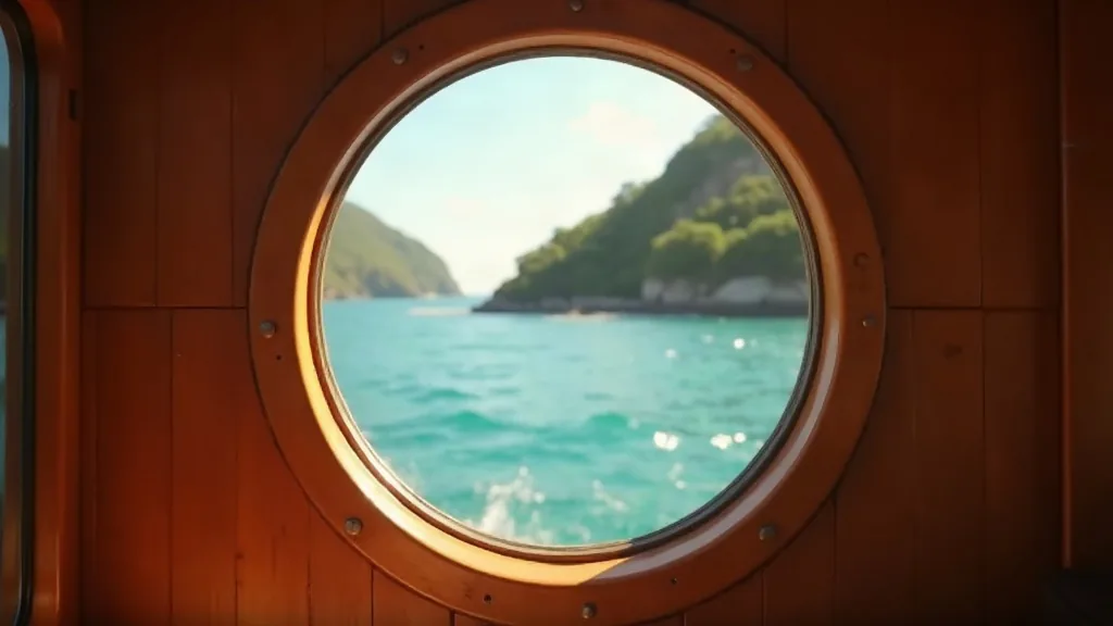 AI-generated illustrative artwork: komodo liveaboard cabin window — a composite illustration, not a photograph of a named location