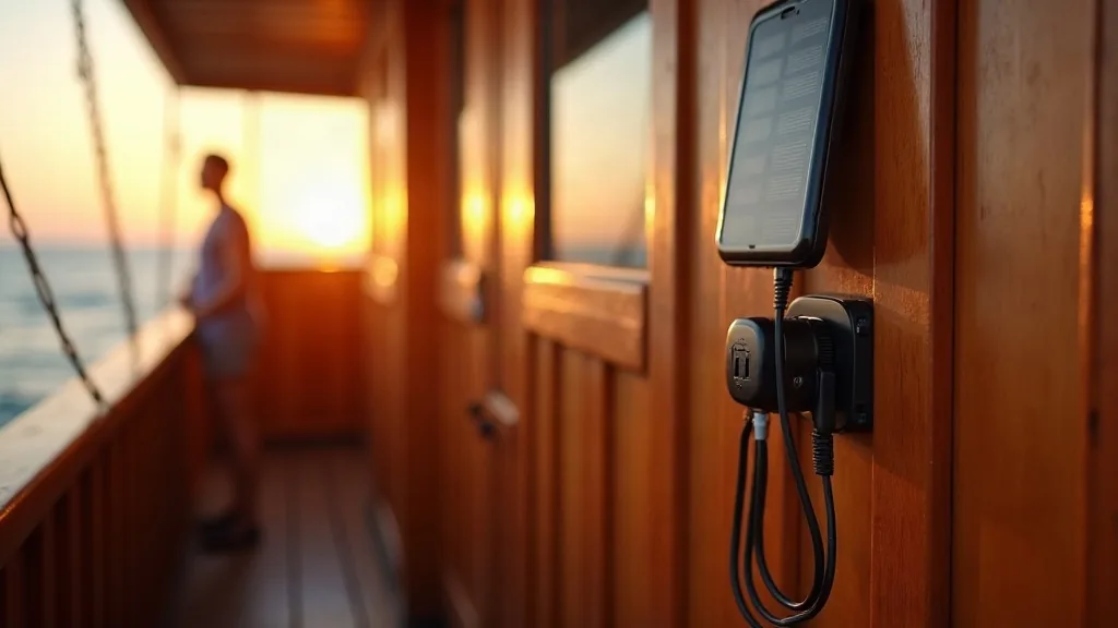AI-generated illustrative artwork: liveaboard power and charging setup — a composite illustration, not a photograph of a named location