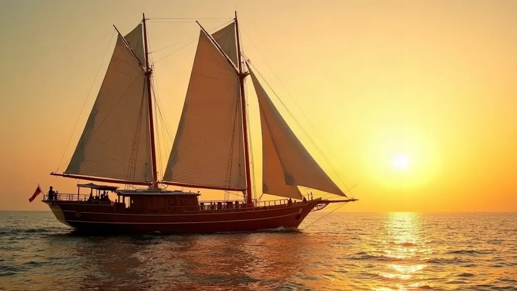 AI-generated illustration: a traditional wooden phinisi under full sail on open water at sunset — a composite image, not a photograph of a named vessel