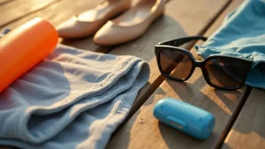 AI-generated illustration: a bottle of sunscreen, a folded towel, sunglasses, a small toiletry tube and a pair of flat slip-on shoes laid out on a sunlit wooden deck — a composite image, not a photograph of a named place