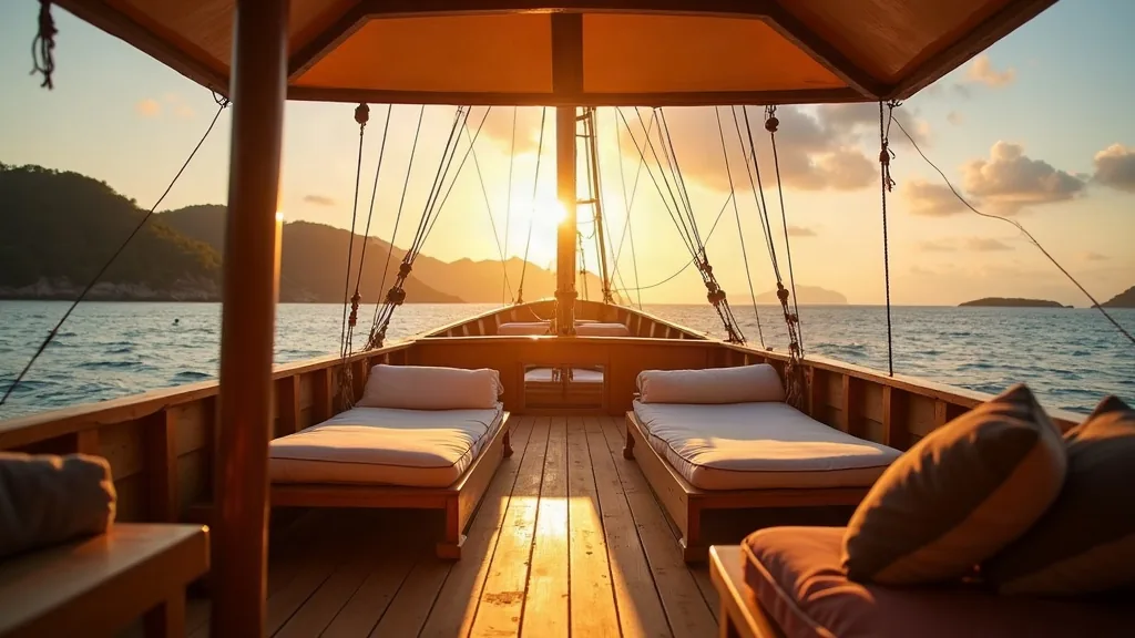 AI-generated illustrative artwork: phinisi charter sun deck at golden hour — a composite illustration, not a photograph of a named location