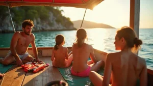 AI-generated illustrative artwork: private family boat charter — a composite illustration, not a photograph of a named location