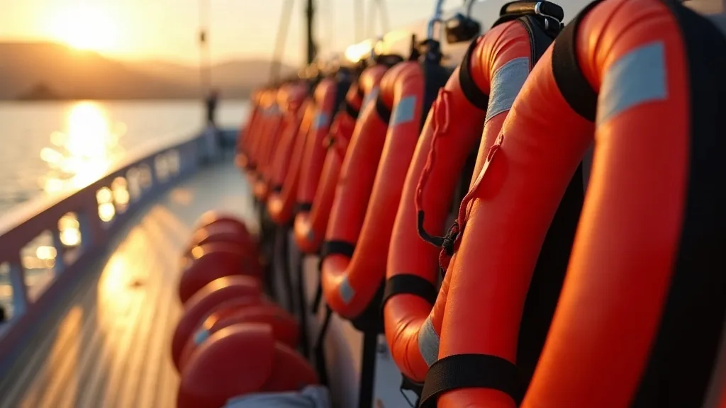 AI-generated illustration: a row of orange life jackets and ring buoys stowed along a boat's side rail at sunset — a composite image, not a photograph of a specific vessel