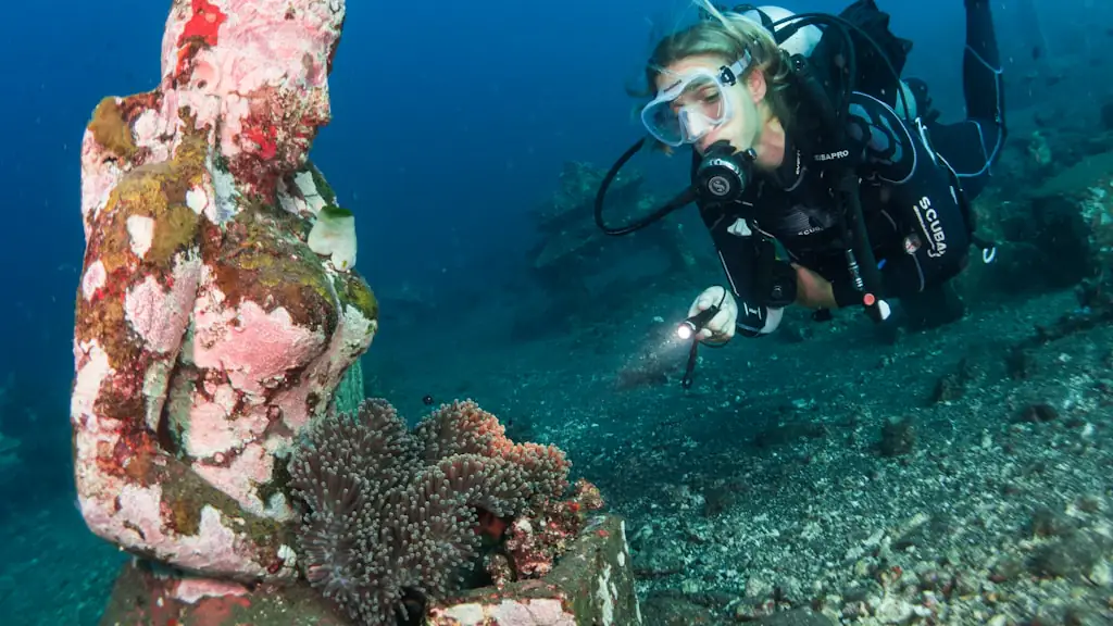 A scuba diver with a torch examining a coral-encrusted underwater statue on a shallow reef
