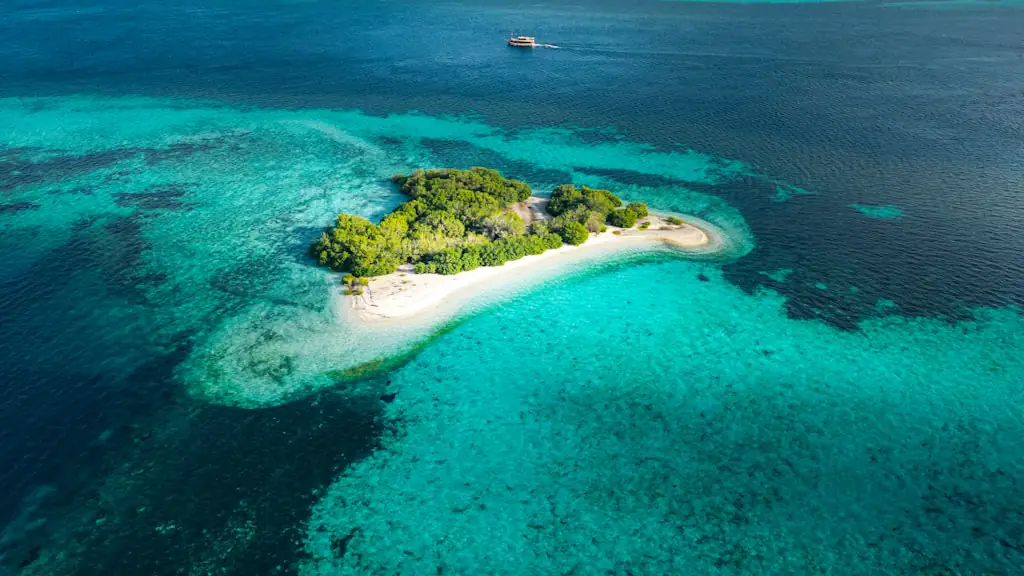 Aerial view of a small tree-covered sand cay on a turquoise reef flat, with one boat crossing the deeper water beyond
